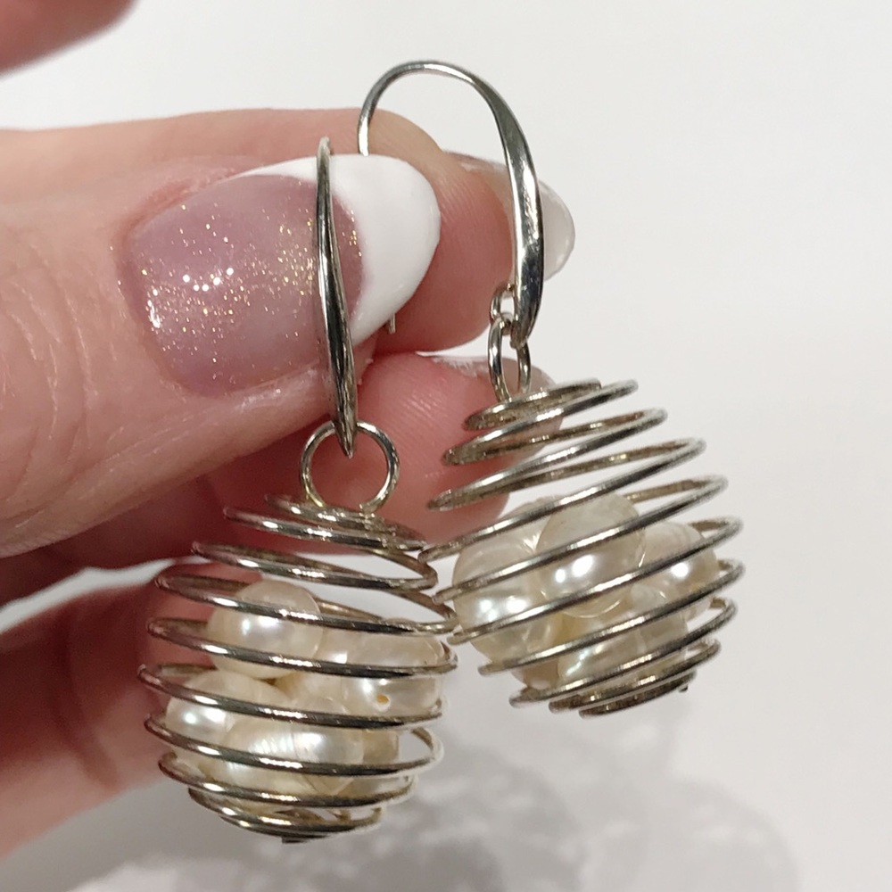 Vintage Sterling Silver 925 Wire Cage 6 Baroque Pearl Egg Basket Drop Earrings - Picture 12 of 16